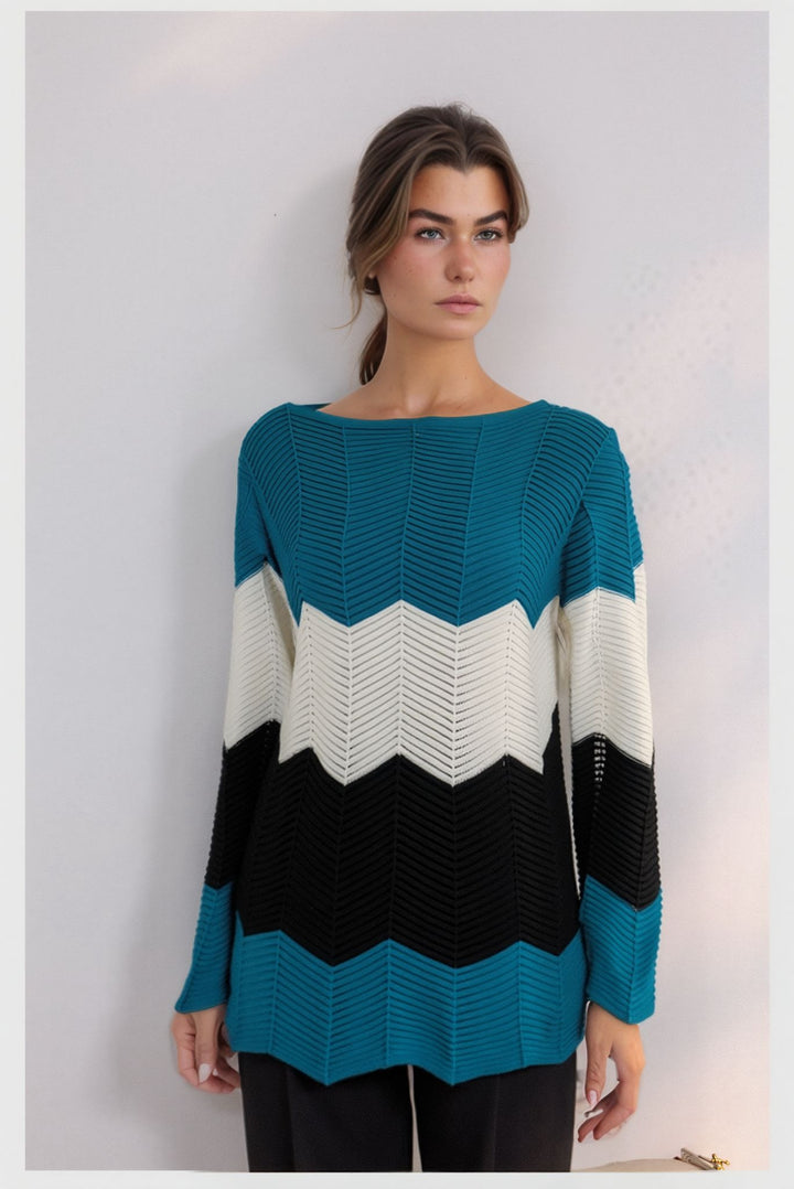 Teal Three Tone Stripe Design Knitted Jumper