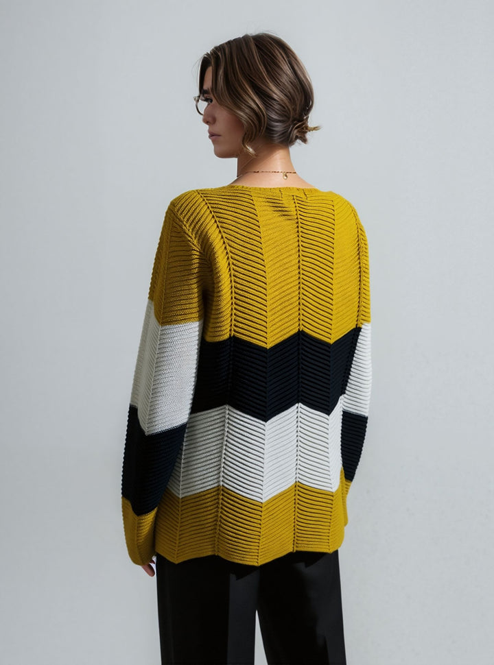 Mustard Three Tone Stripe Design Knitted Jumper