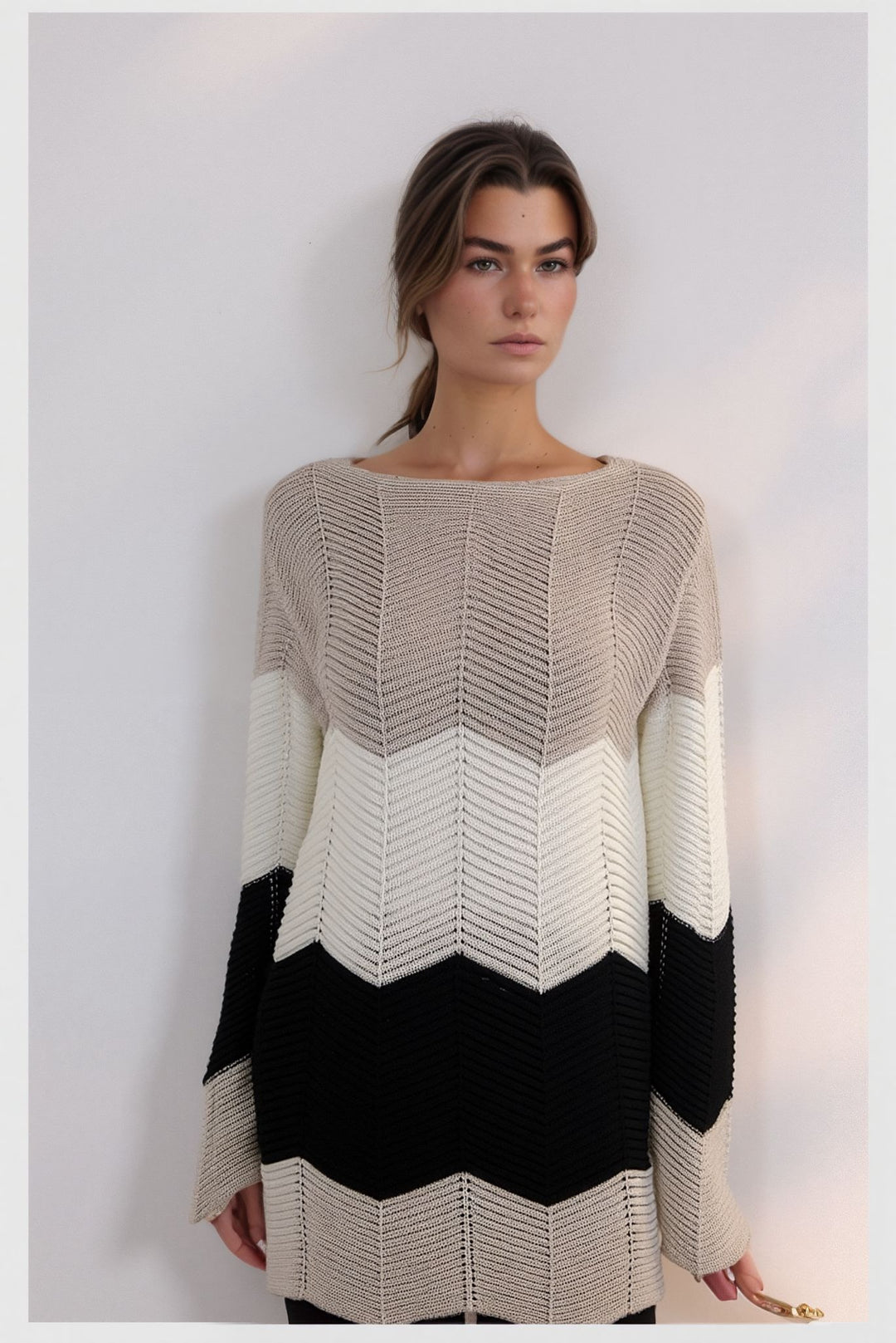 Beige Colour Block Design Knitted Jumper