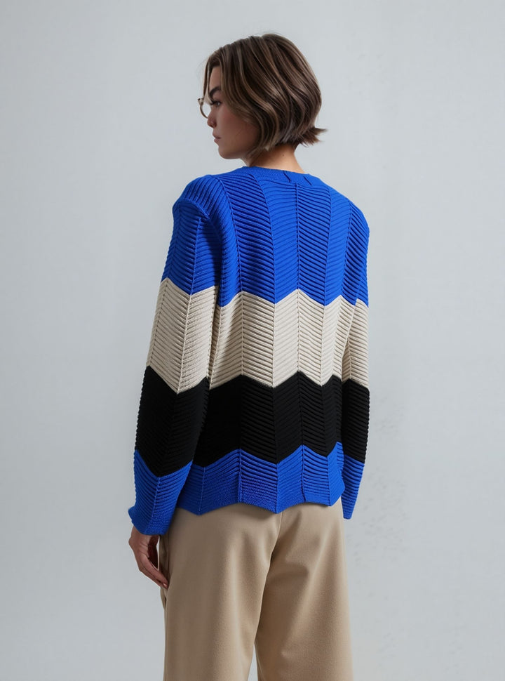 Blue Three Tone Stripe Design Knitted Jumper