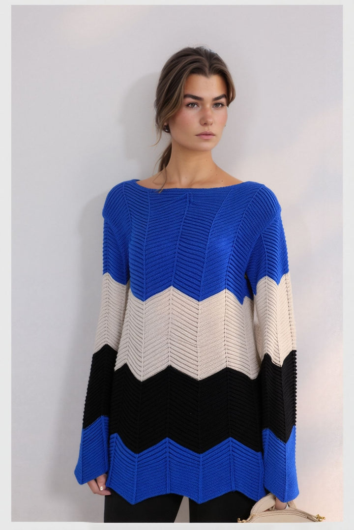 Blue Three Tone Stripe Design Knitted Jumper