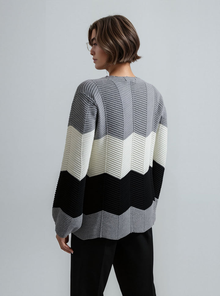 Grey Three Tone Stripe Design Knitted Jumper