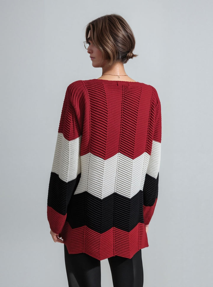 Red Three Tone Stripe Design Knitted Jumper