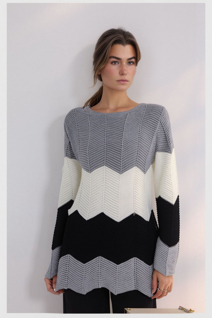 Grey Three Tone Stripe Design Knitted Jumper