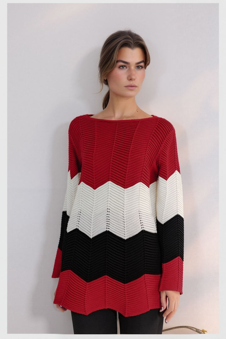 Red Three Tone Stripe Design Knitted Jumper