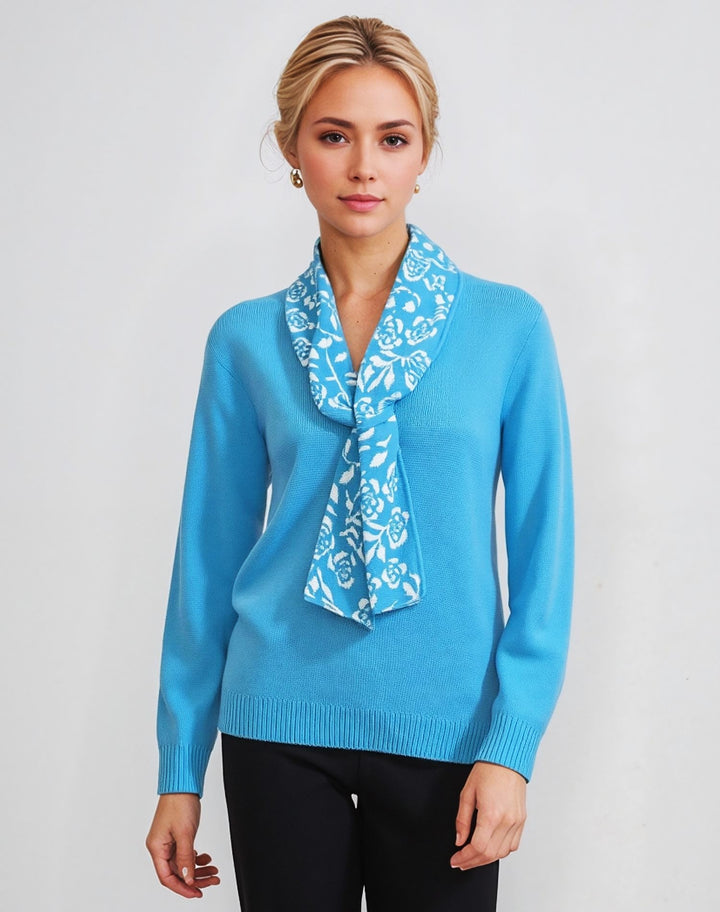 Turquoise Rose Print Scarf Detail Jumper