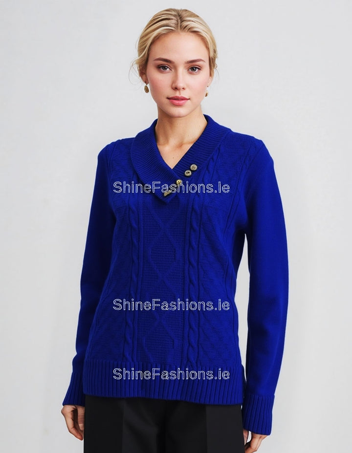 Royal Blue Four Button Cable Knit Jumper