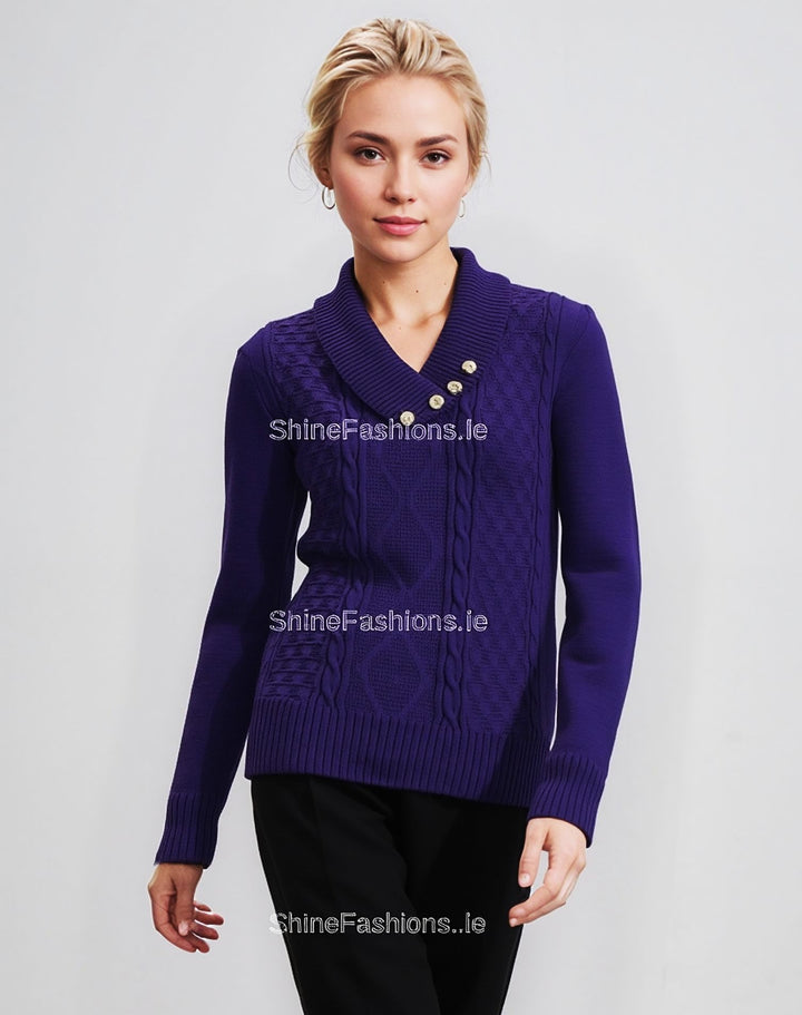 Purple Four Button Cable Knit Jumper