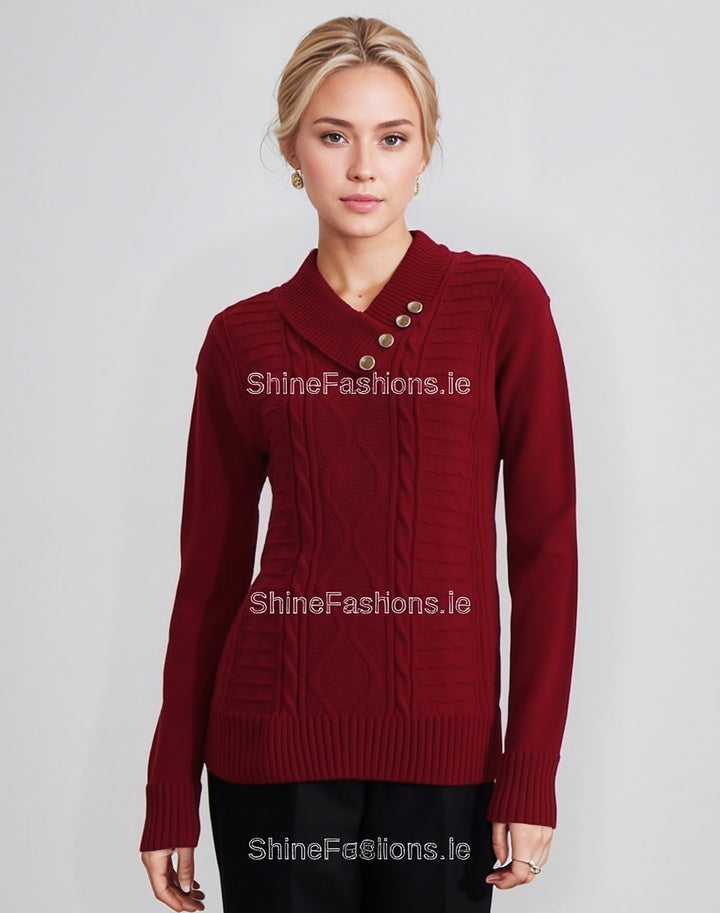 Red Four Button Cable Knit Jumper
