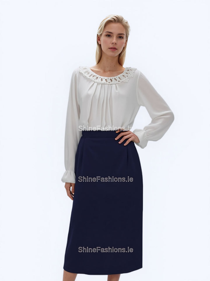 Navy Elasticated Straight Skirt