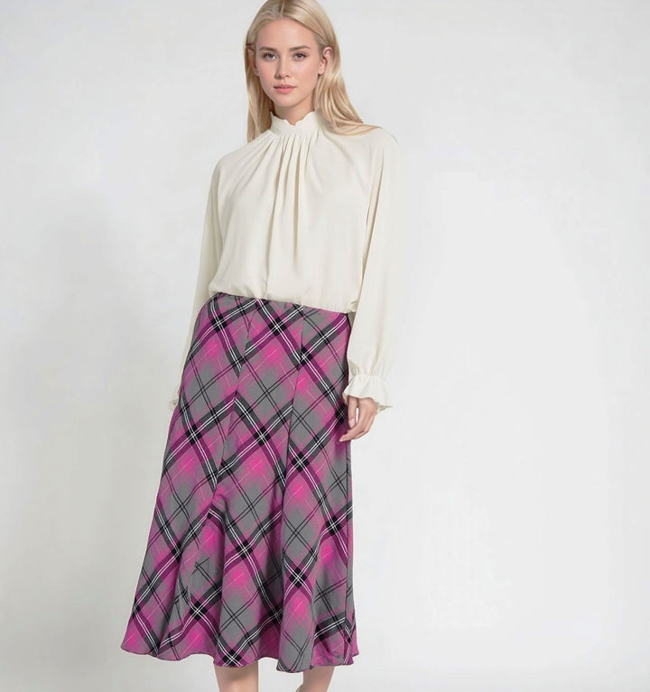 Pink Elasticated Lined A-Line Checked Tartan Skirt