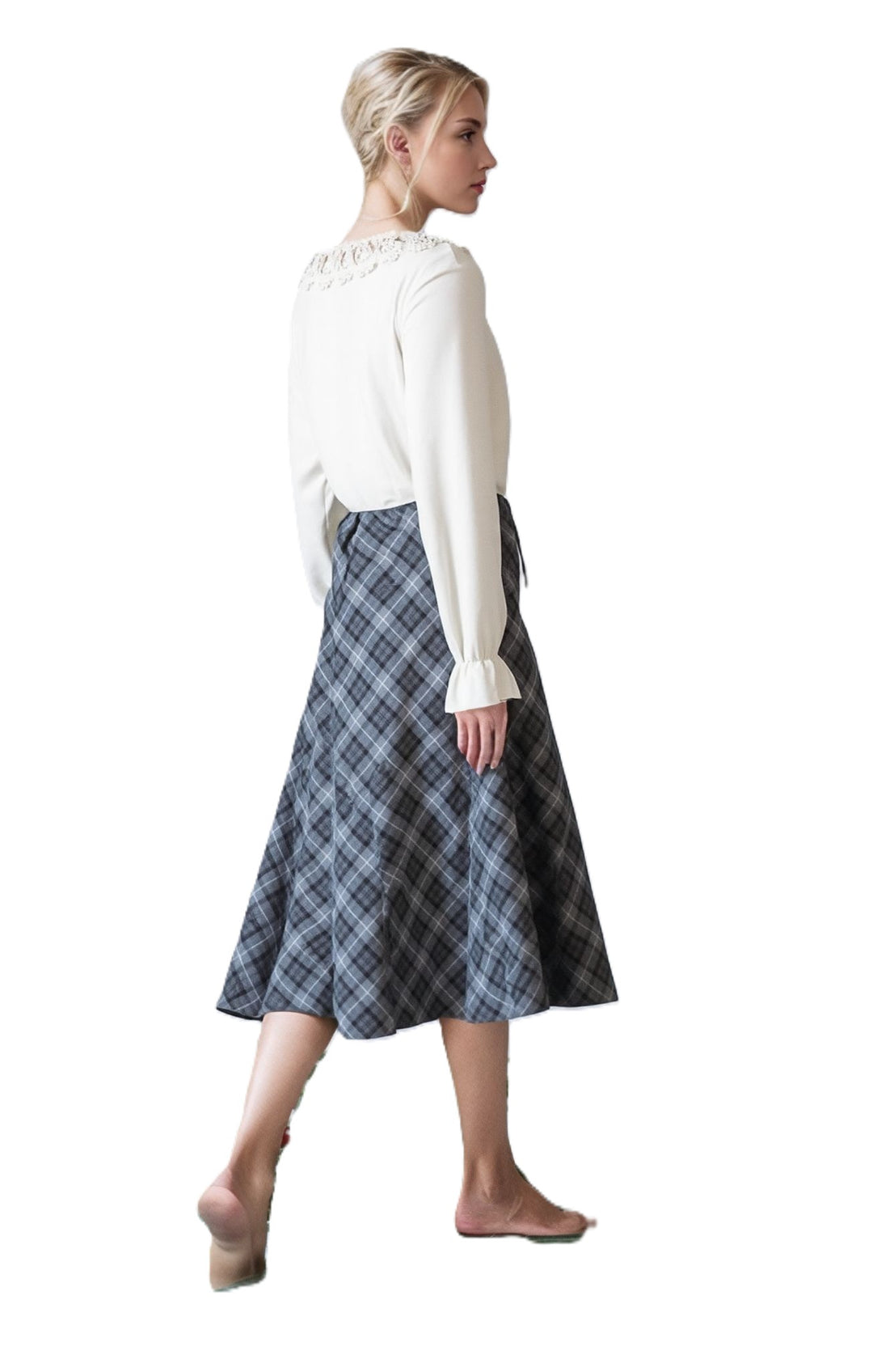 Grey & Black Elasticated Lined A-Line Checked Tartan Skirt