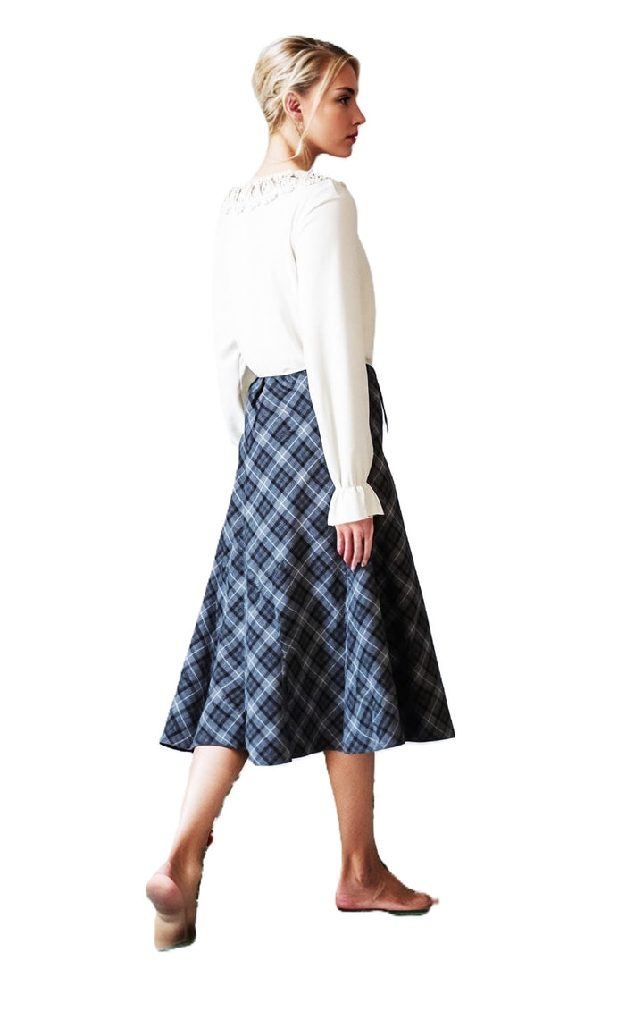 Grey & Black Elasticated Lined A-Line Checked Tartan Skirt