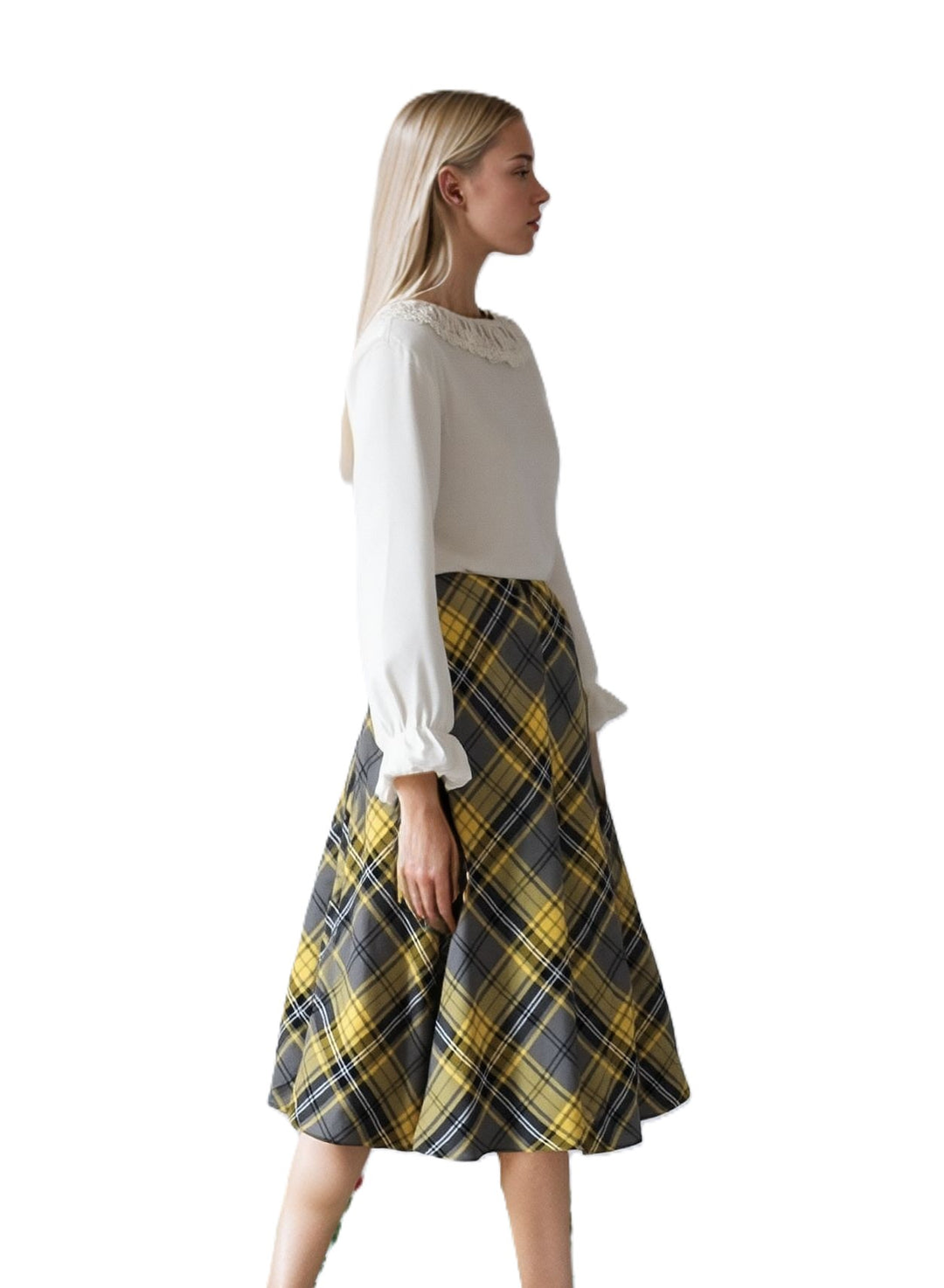 Grey & Yellow Elasticated Lined A-Line Checked Tartan Skirt