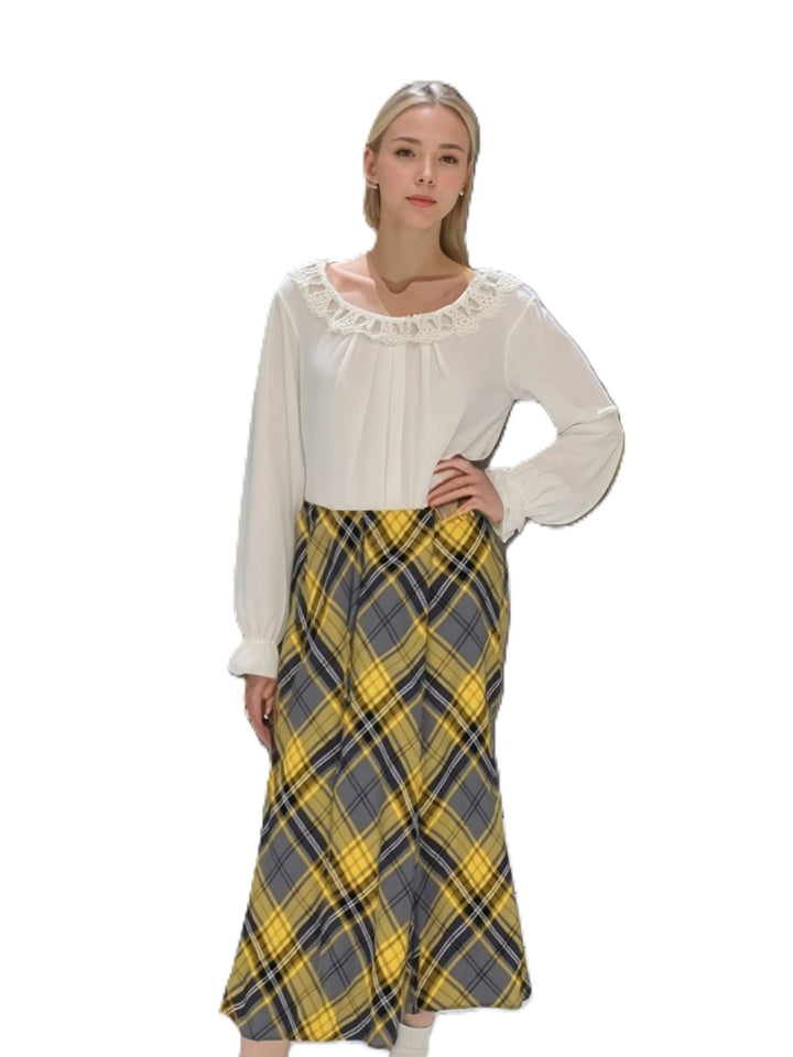 Grey & Yellow Elasticated Lined A-Line Checked Tartan Skirt