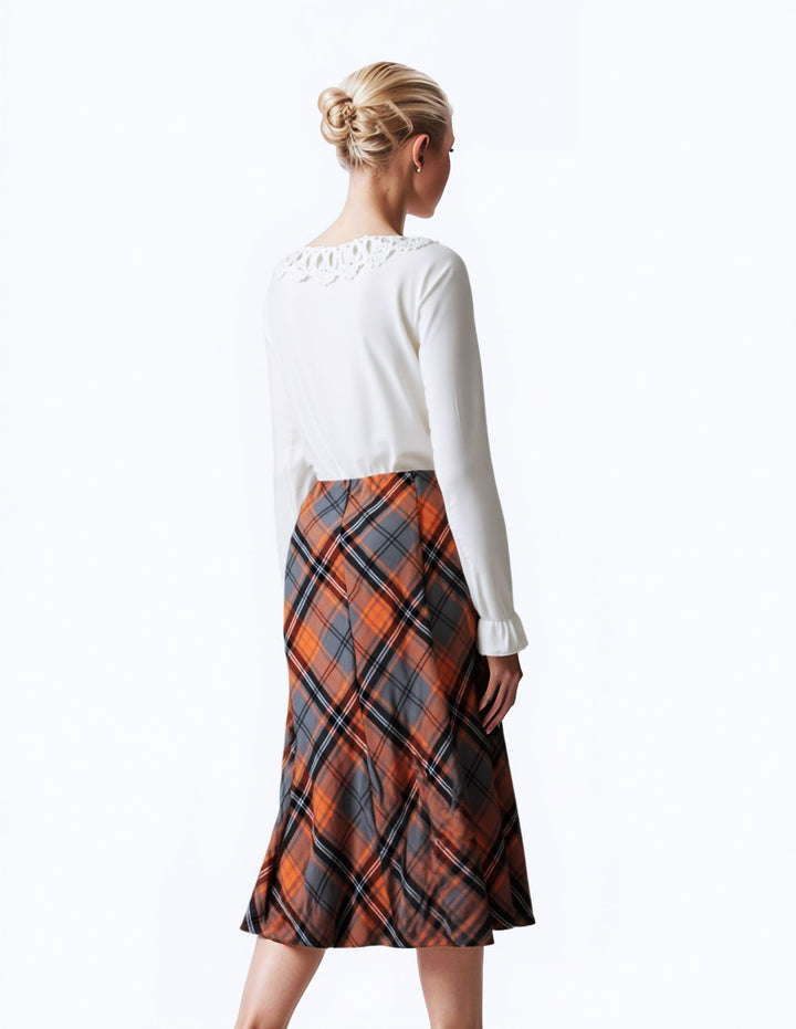 Grey & Orange Elasticated Lined A-Line Checked Tartan Skirt