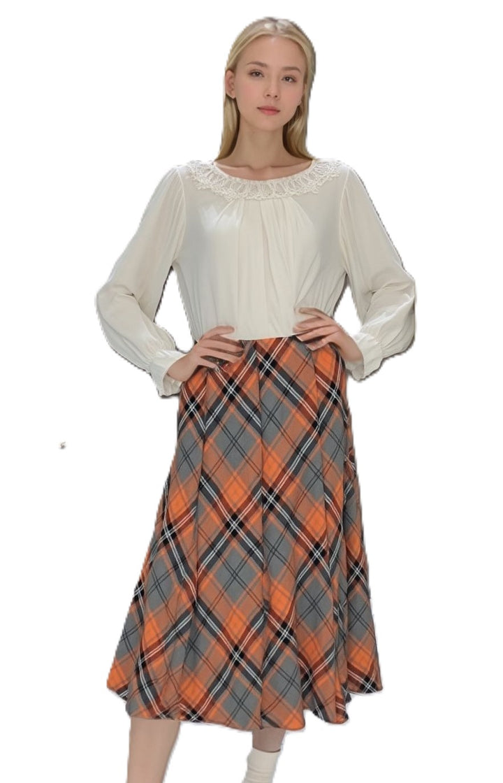 Grey & Orange Elasticated Lined A-Line Checked Tartan Skirt