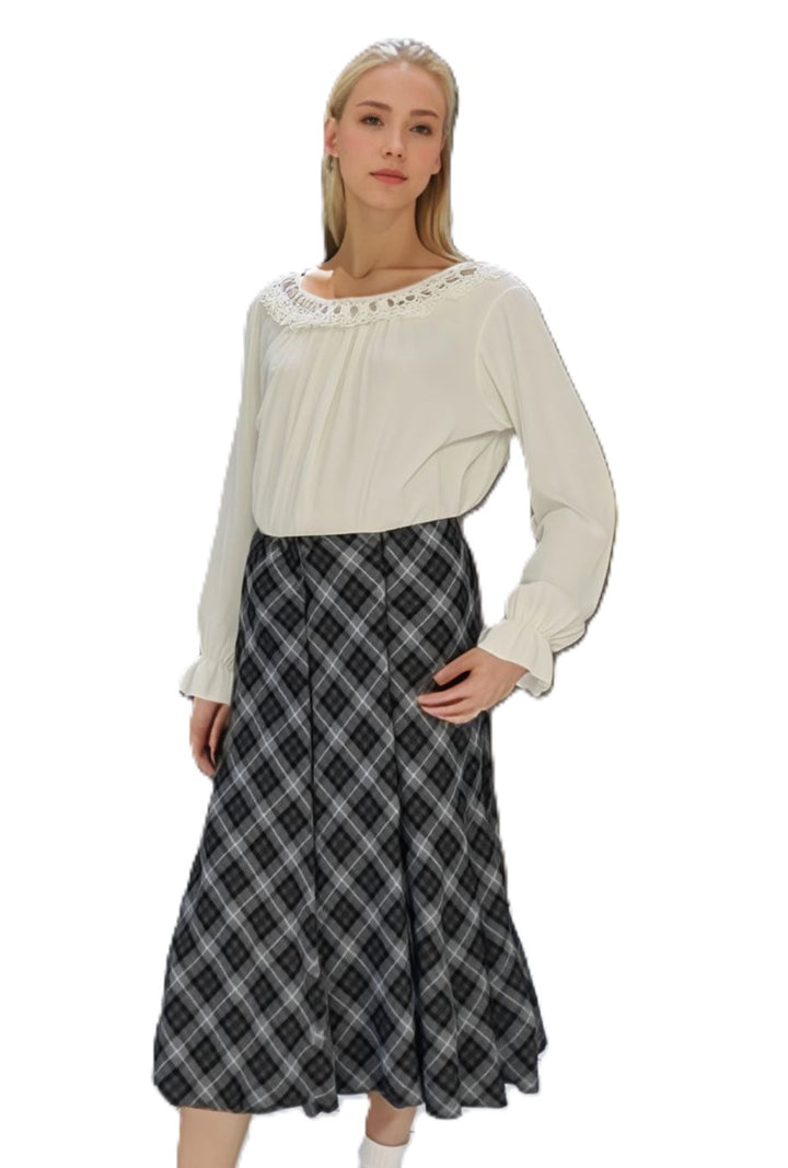 Grey & Black Elasticated Lined A-Line Checked Tartan Skirt