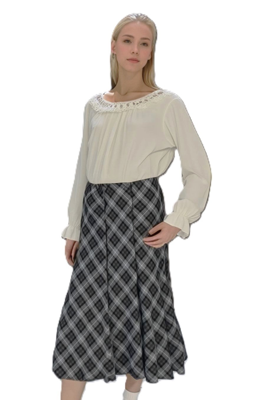 Grey & Black Elasticated Lined A-Line Checked Tartan Skirt