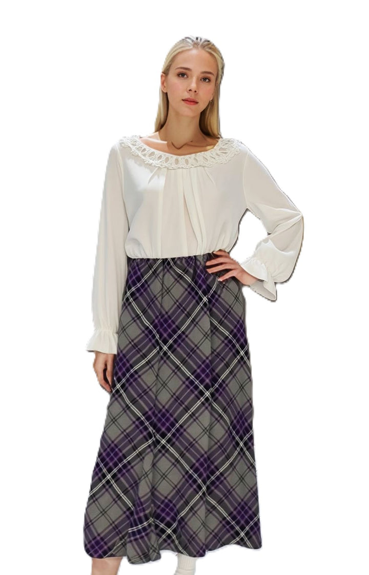 Grey & Purple Elasticated Lined A-Line Checked Tartan Skirt