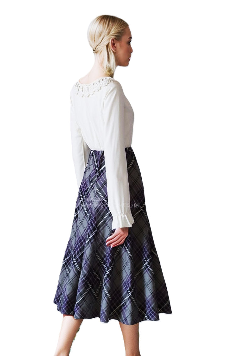 Grey & Purple Elasticated Lined A-Line Checked Tartan Skirt