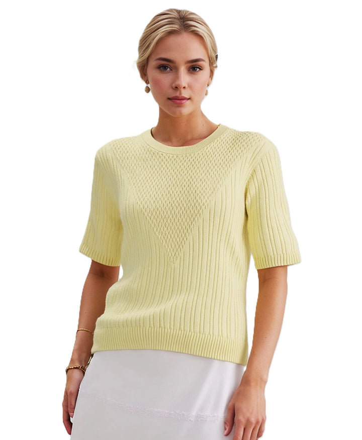 Yellow Ribbed Design Short Sleeve Jumper