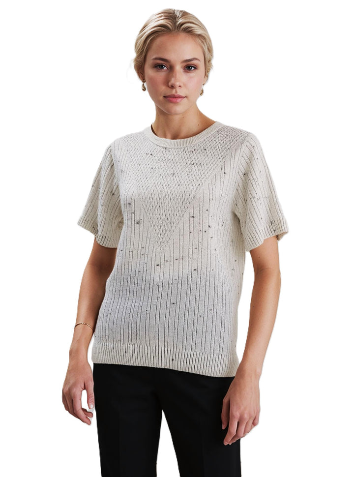 Cream Fleck Patten Ribbed Design Short Sleeve Jumper