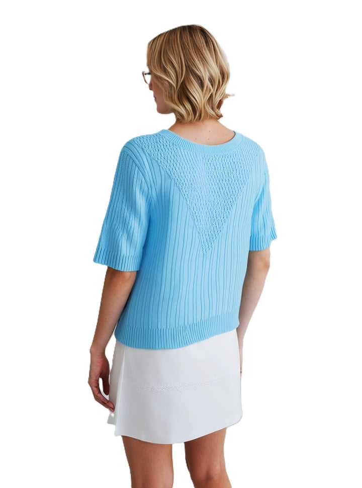 Turquoise Blue Ribbed Design Short Sleeve Jumper