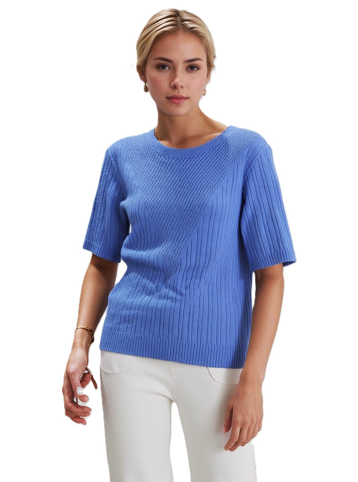 Blue Ribbed Design Short Sleeve Jumper