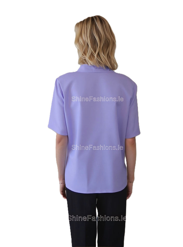 Lavender Collar Button Up Short Sleeve Blouse Top