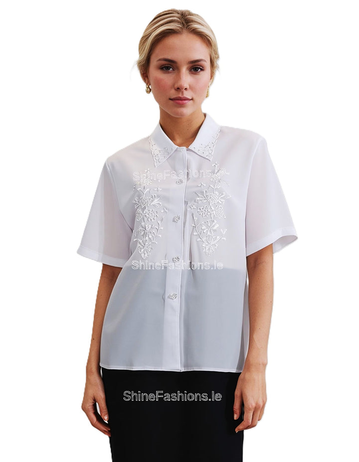 White Collar Button Up Short Sleeve Blouse Top