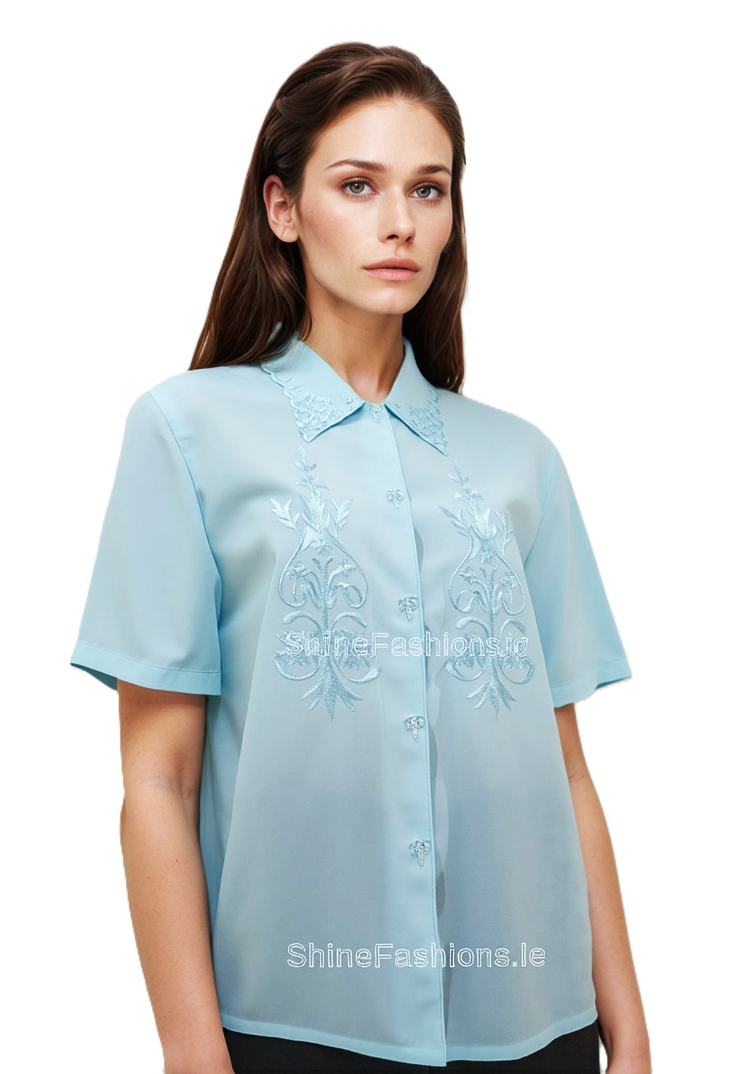 Blue Collar Button Up Short Sleeve Blouse Top