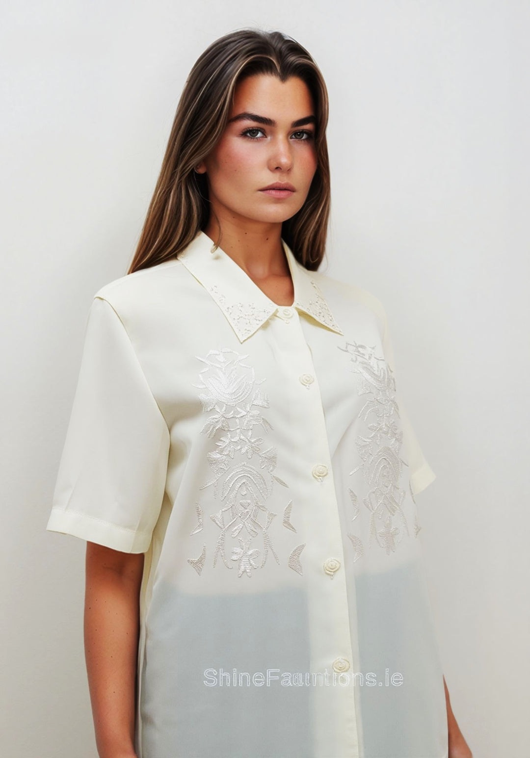 Cream Collar Button Up Short Sleeve Blouse Top