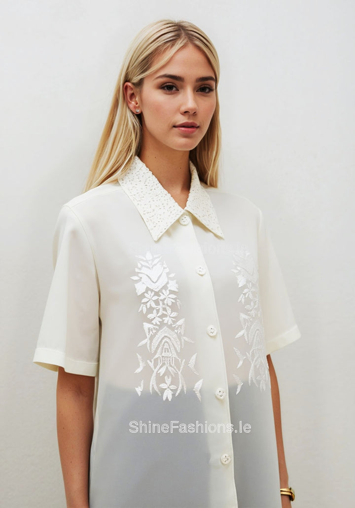 Cream Collar Button Up Short Sleeve Blouse Top