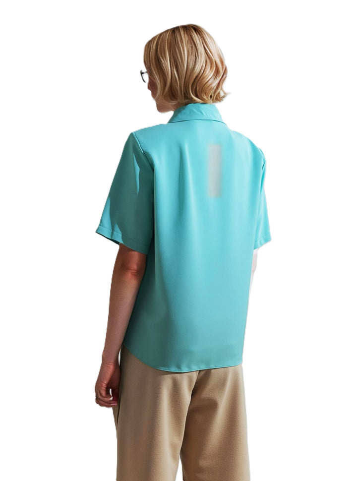 Turquoise Collar Button Up Short Sleeve Blouse Top