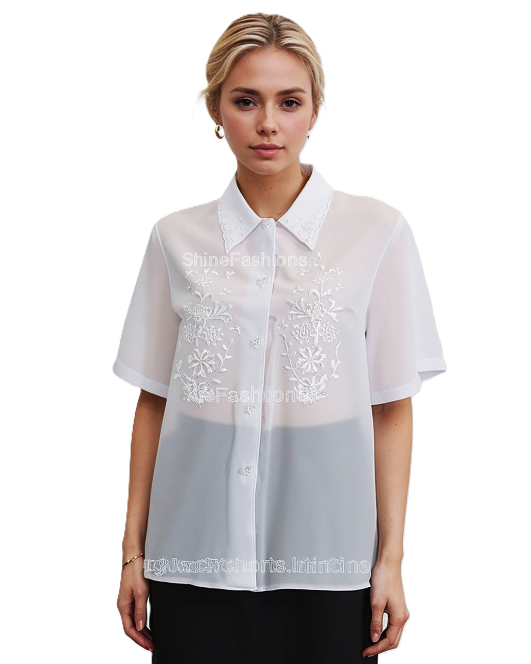 White Collar Button Up Short Sleeve Blouse Top