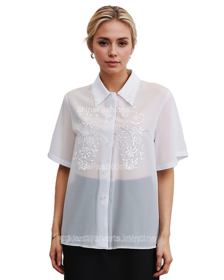 White Collar Button Up Short Sleeve Blouse Top