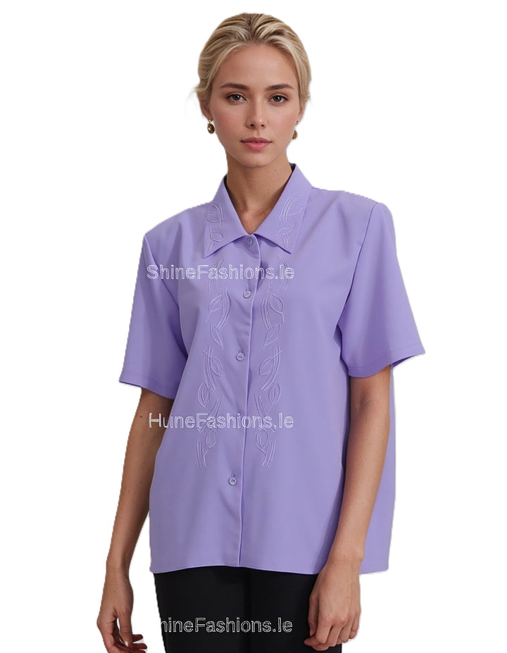 Lavender Collar Button Up Short Sleeve Blouse Top
