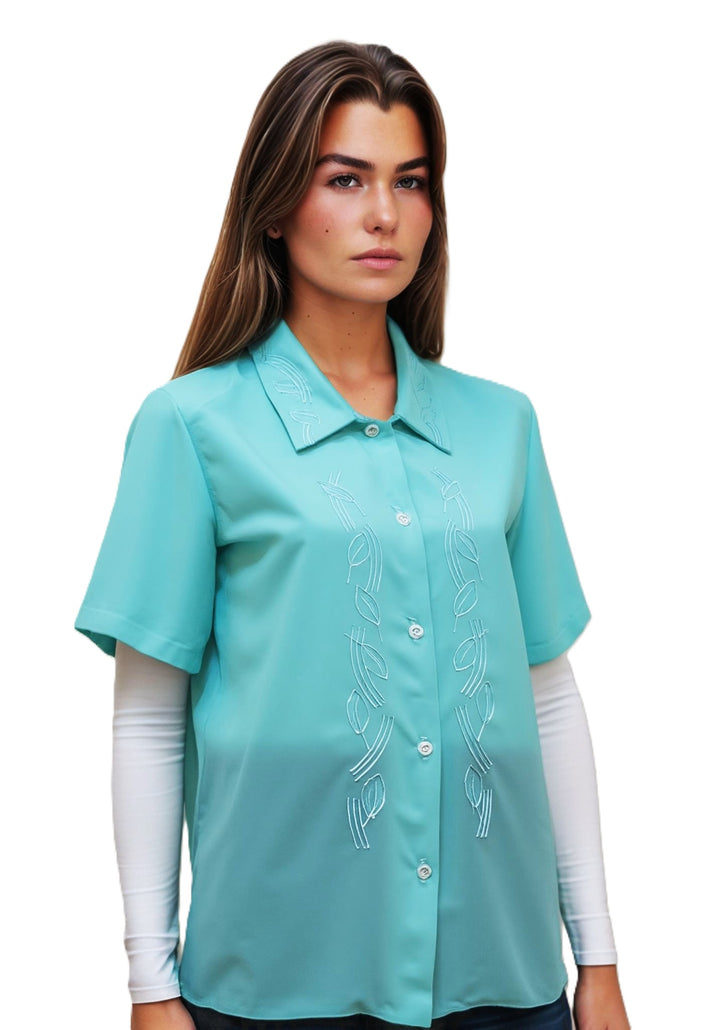 Turquoise Collar Button Up Short Sleeve Blouse Top