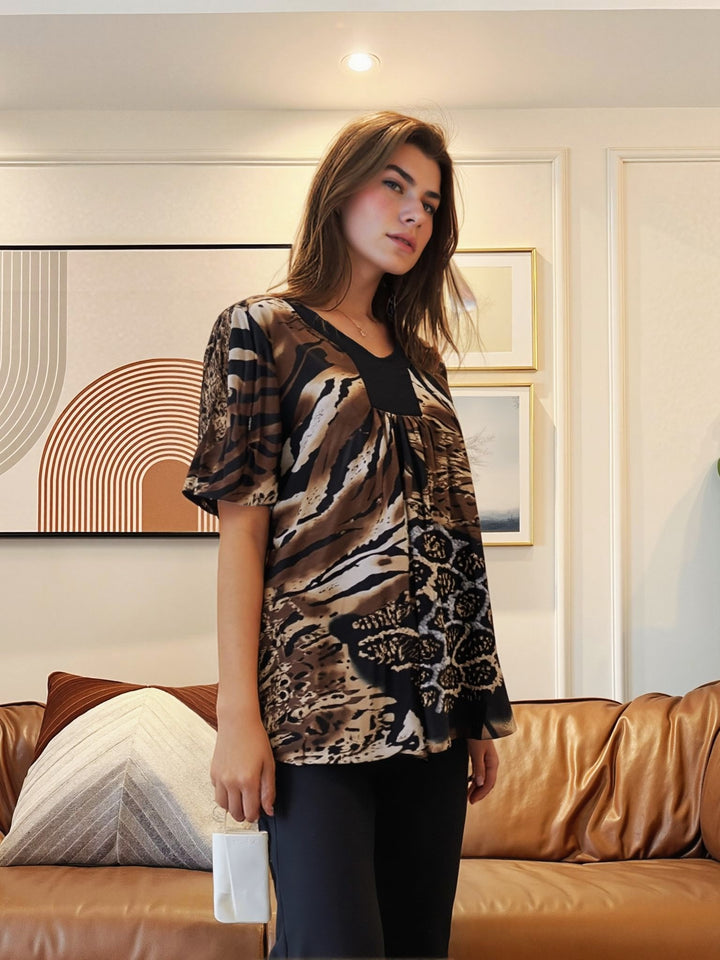 Brown Leopard Print Short Sleeves Top