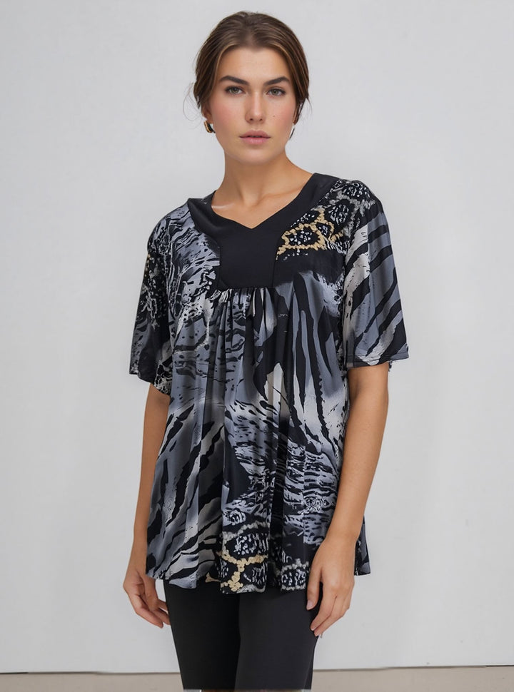 Grey Leopard Print Short Sleeves Top