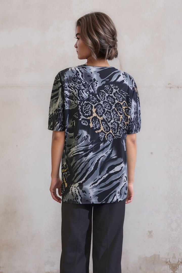 Grey Leopard Print Short Sleeves Top