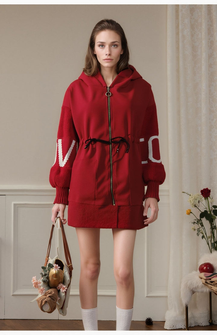 Red Love Knit Sleeves Zipper Drawstring Coat