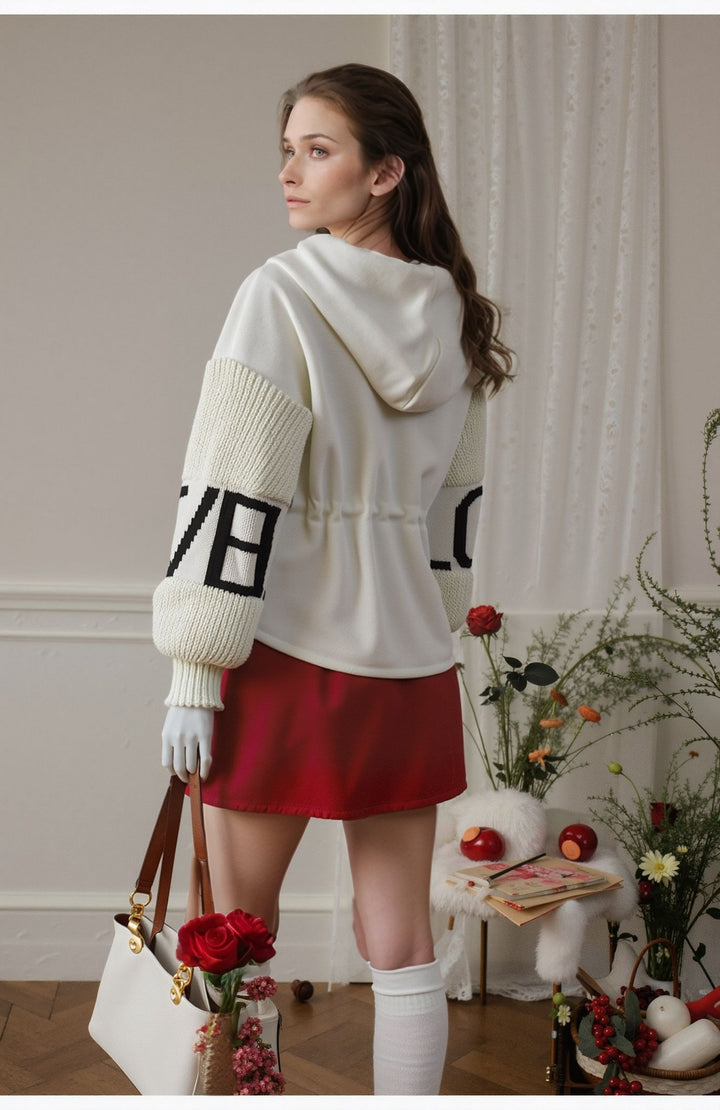 Cream Love Knit Sleeves Zipper Drawstring Coat