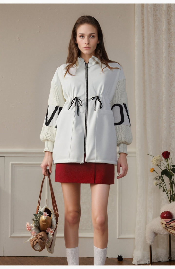 Cream Love Knit Sleeves Zipper Drawstring Coat
