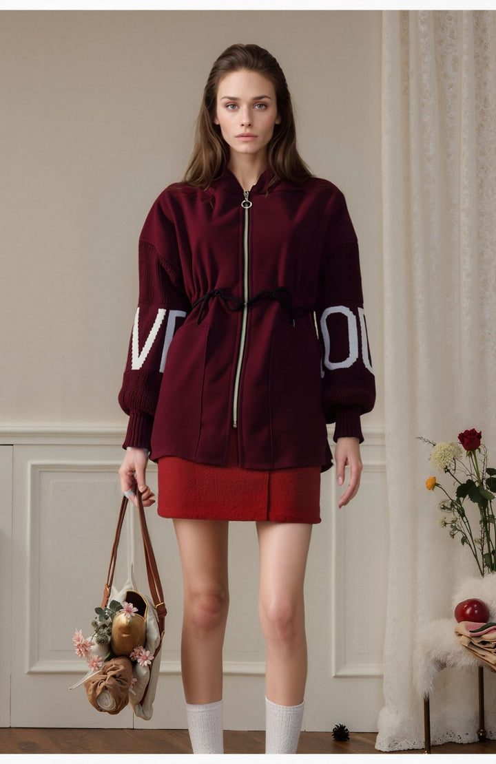 Wine Love Knit Sleeves Zipper Drawstring Coat