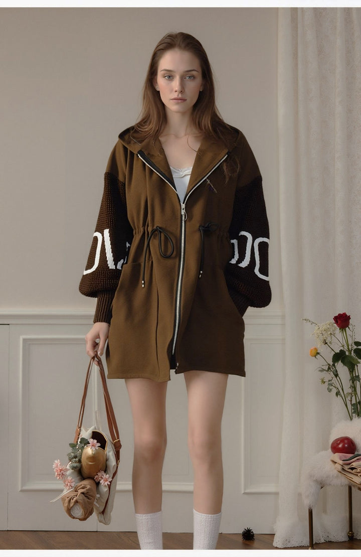 Chocolate Brown Love Knit Sleeves Zipper Drawstring Coat