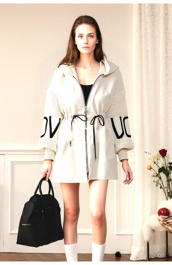 Beige Love Knit Sleeves Zipper Drawstring Coat