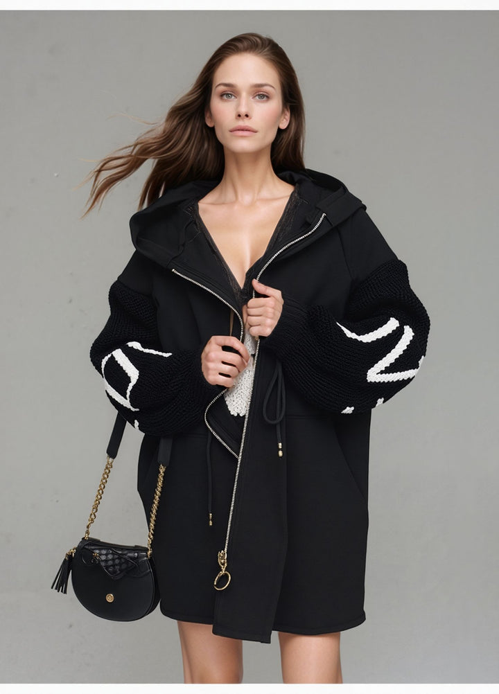 Black Love Knit Sleeves Zipper Drawstring Coat