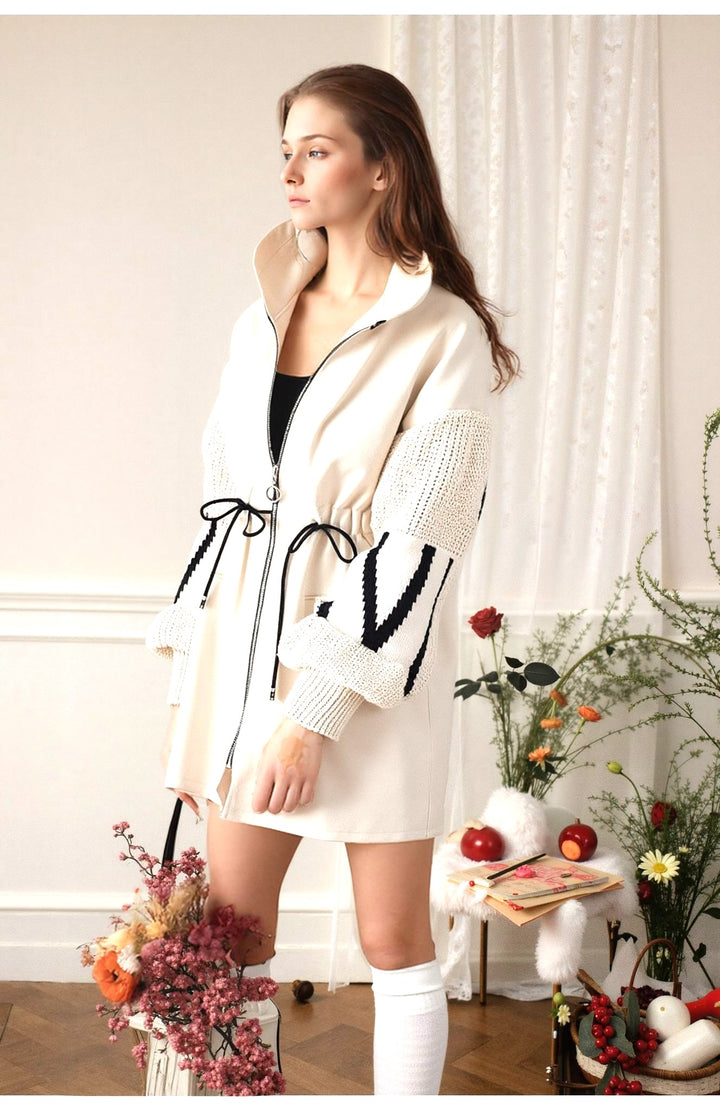Beige Love Knit Sleeves Zipper Drawstring Coat
